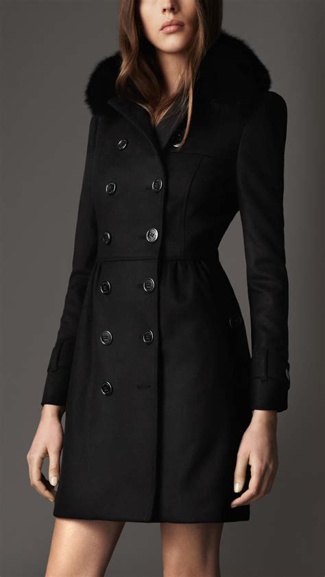 burberry london black patternless coat with removable fur collar|Burberry coat prices.